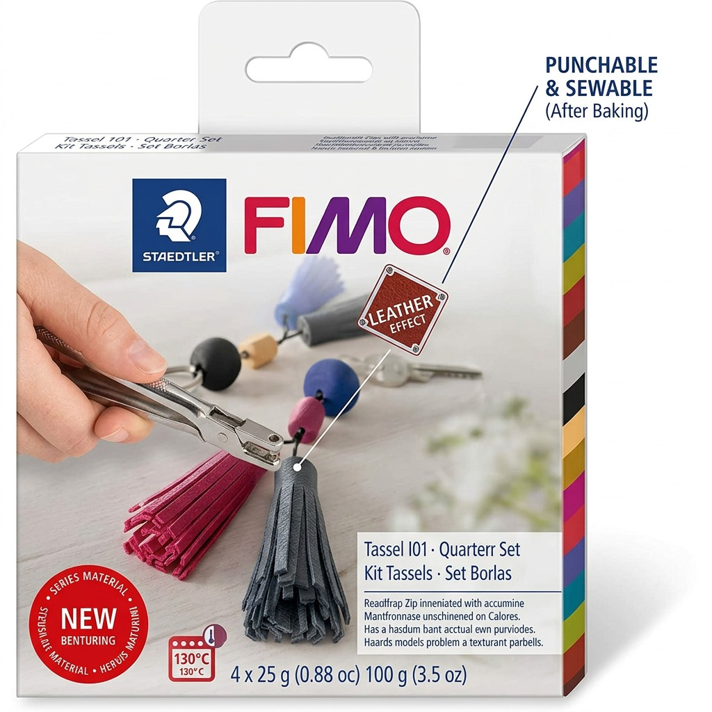 Operational feature graphic showcasing the FIMO Leather Effect key feature of being punchable after baking for crafting.