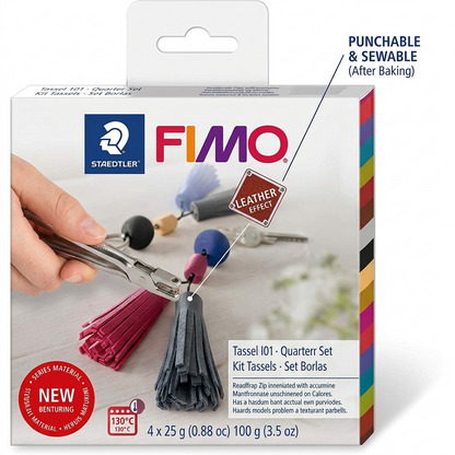 Operational feature graphic showcasing the FIMO Leather Effect key feature of being punchable after baking for crafting.