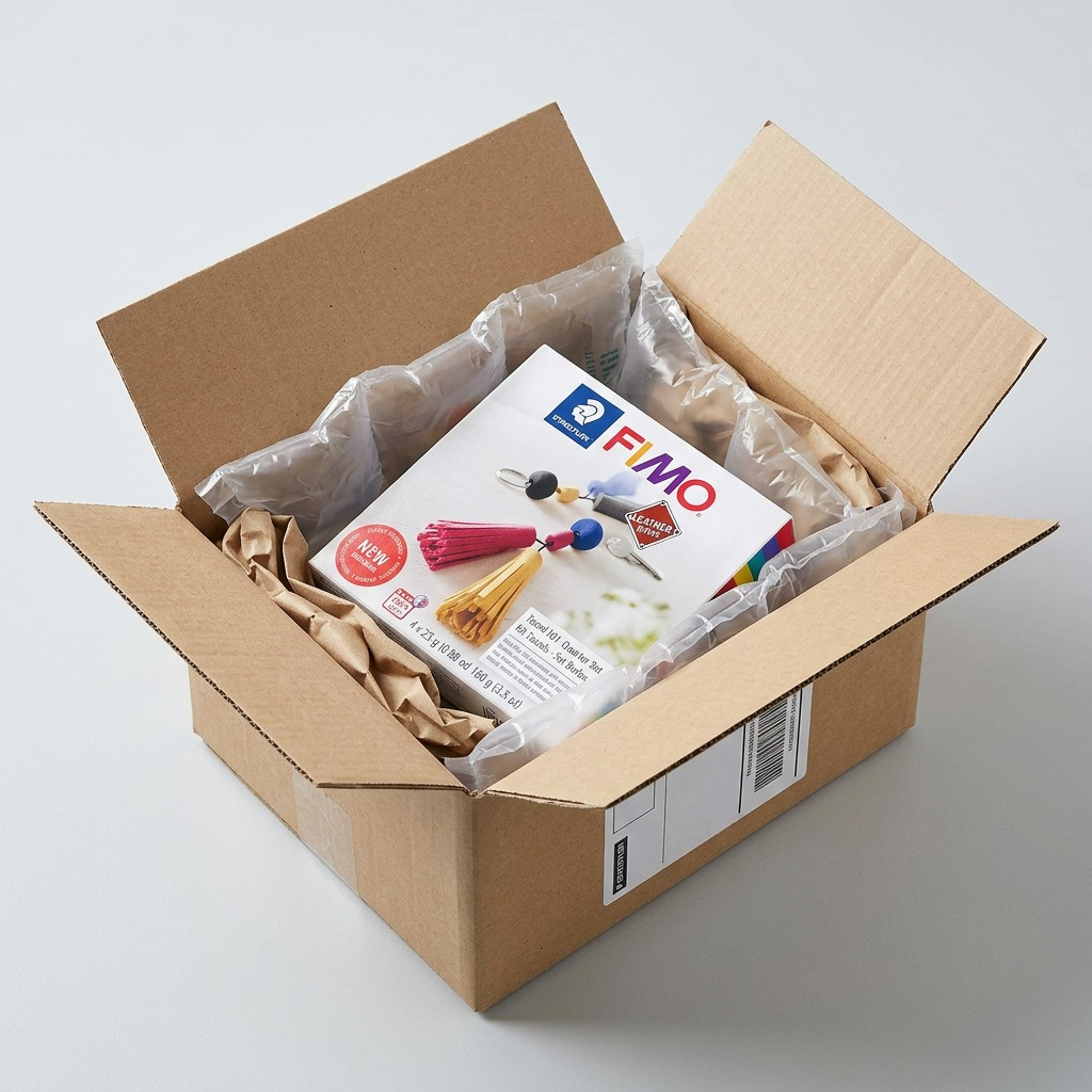 A FIMO Tassel Kit box is shown in a shipping box, protected by bubble wrap and a kraft label.