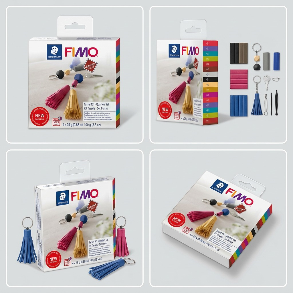 PDP visual matrix showing STAEDTLER FIMO Leather Effect Kit (MPN 8015-DIY2) and example tassels from front, side, angled, and top-down views.