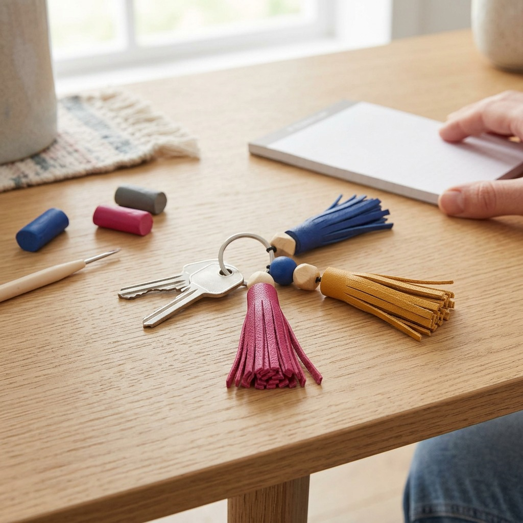 A detailed life-style photograph capturing the FIMO Leather Effect tassels (magenta, ochre, blue) on a keyring with keys, alongside crafting tools and clay, on an oak desk, naturally lit with background context elements, no packaging or text.