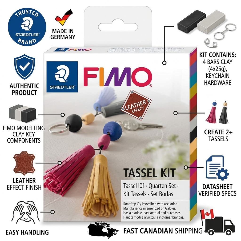 STAEDTLER FIMO Tassel Kit Infographic with product, component details, and confidence icons.