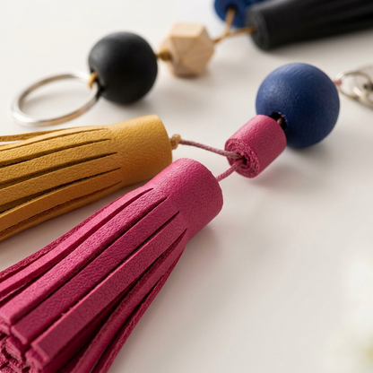Macro shot of two textured clay tassels and beads from the kit, showing leather-like finish detail.