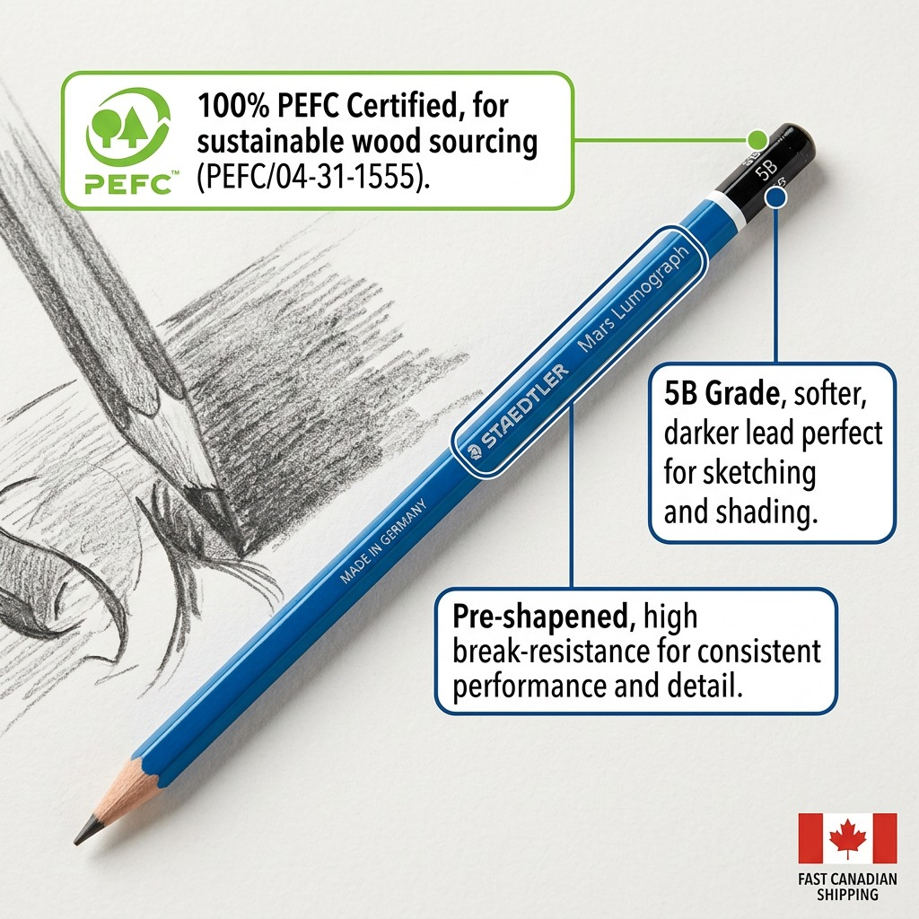 E-commerce graphic of STAEDTLER Mars Lumograph 5B with feature callouts and Fast Canadian Shipping logo.