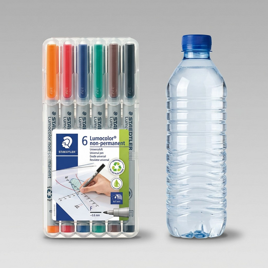STAEDTLER Lumocolor non-permanent 6-pack shown for scale next to a standard 500ml water bottle.