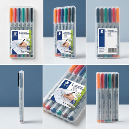 A six-way grid matrix showcasing the 6-pack STAEDTLER Lumocolor non-permanent fineliner set from various angles.