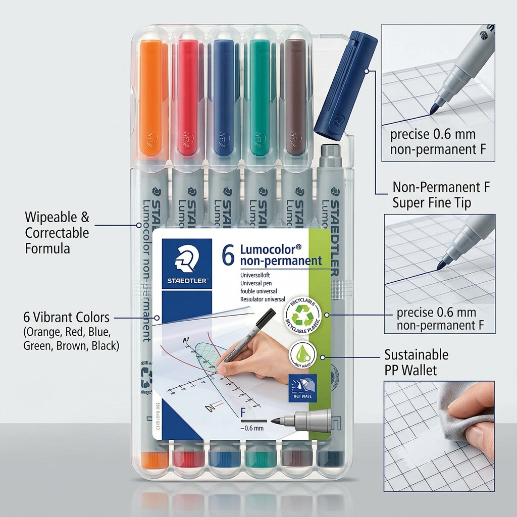 Product feature callout graphic for STAEDTLER Lumocolor non-permanent F 6pc, showcasing its wipeable ink, fine tip, and color range.