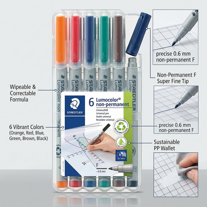 Product feature callout graphic for STAEDTLER Lumocolor non-permanent F 6pc, showcasing its wipeable ink, fine tip, and color range.