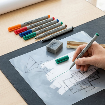 A close-up photograph of six individual STAEDTLER Lumocolor non-permanent fineliner pens (orange, red, blue, green, brown, black) without packaging, arranged neatly on a dark wooden desk. A line is drawn with the green pen on a clear overhead projector sheet overlaying technical blueprints. Accompanying items include a metal ruler and a damp sponge. Clean, natural daylight.