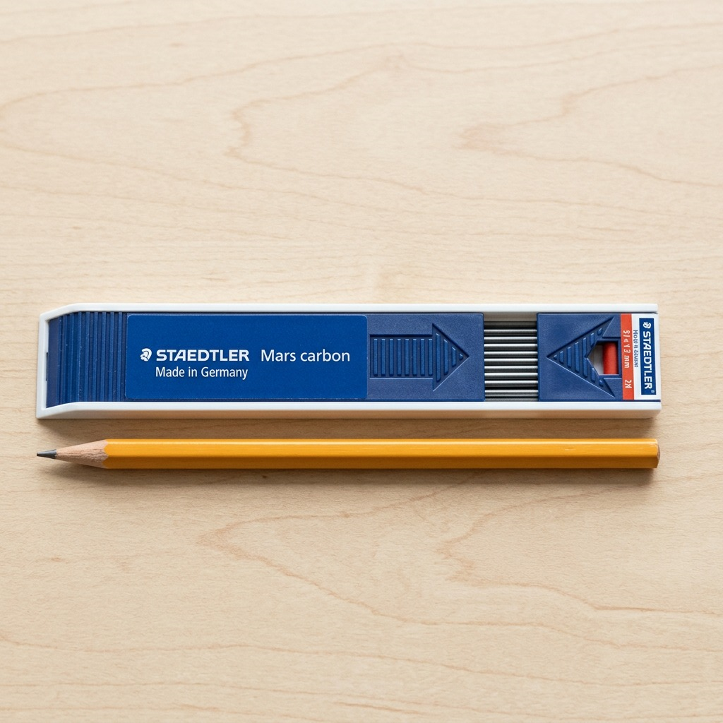 A realistic visual comparison showing a single case of STAEDTLER Mars Carbon 2mm Carbon Leads (200-2H-03) resting beside a standard wooden hexagonal pencil for an accurate scale reference.