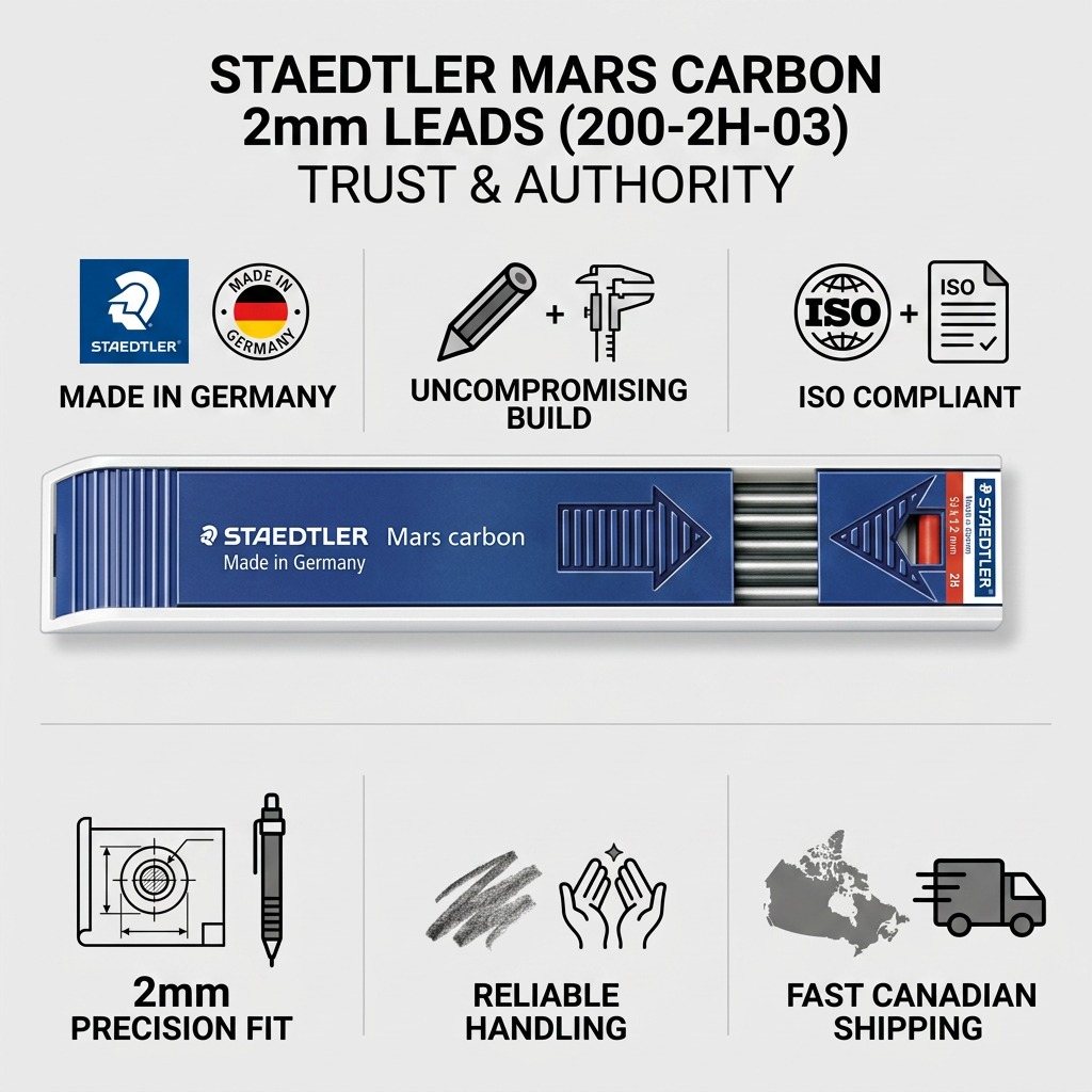 A confidence infographic matrix for STAEDTLER Mars Carbon 2mm Leads, showcasing the authentic product with icons for quality, compatibility, and fast Canadian shipping.
