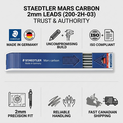 A confidence infographic matrix for STAEDTLER Mars Carbon 2mm Leads, showcasing the authentic product with icons for quality, compatibility, and fast Canadian shipping.