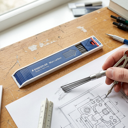 A high-resolution, overhead photograph of the STAEDTLER Mars carbon 2mm lead case from image_0.png placed on a wooden drafting board. Visible 2mm leads are partially dispensed. Next to it are a mechanical drafting pencil and a completed architectural blueprint with charcoal rubbings. Natural window light. Clean, context-rich environment. No text or logos.
