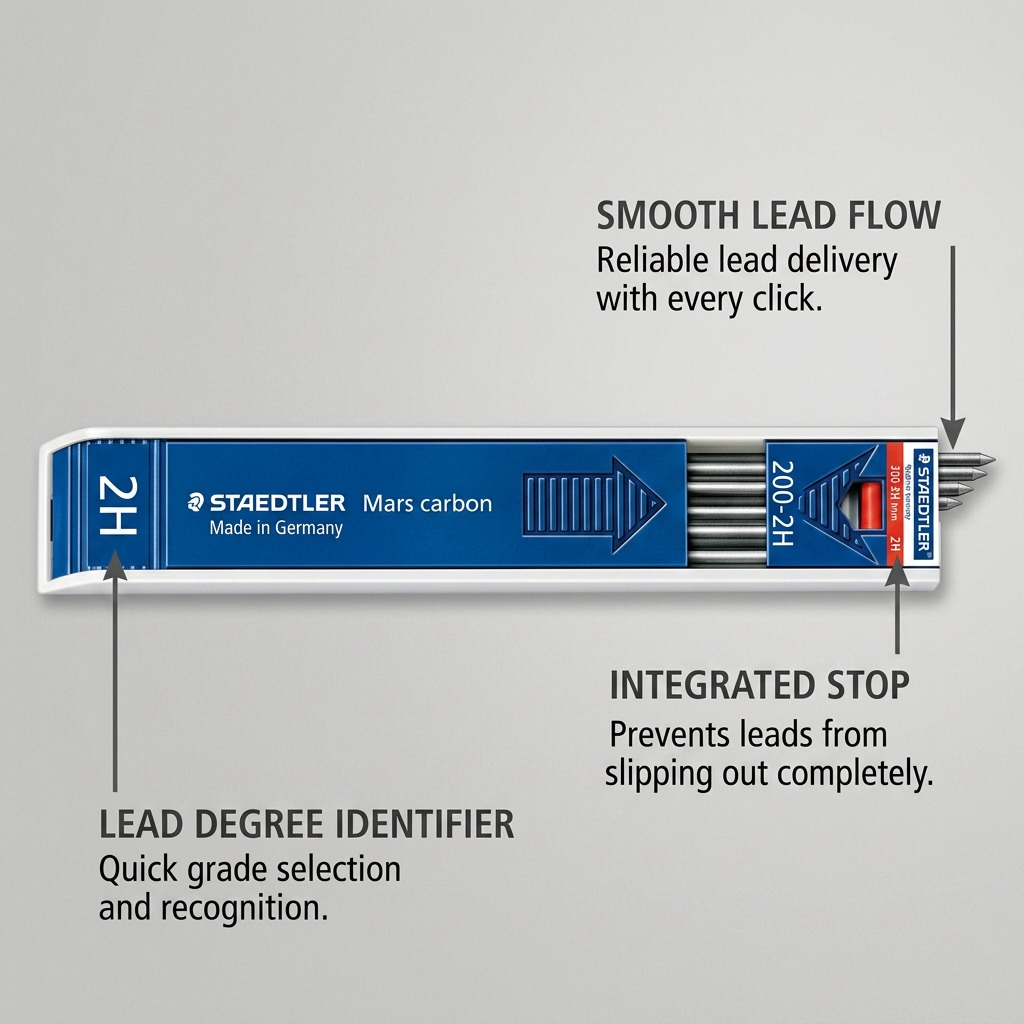 Feature callout graphic showing key operational aspects of the STAEDTLER 2mm leads dispenser.