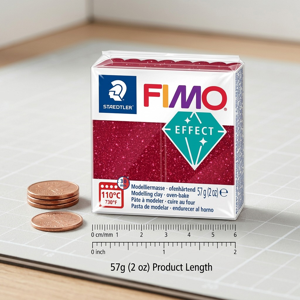 Size comparison visualization of a STAEDTLER Fimo Effect Galaxy Red 57g block on a crafting mat beside a standard penny.