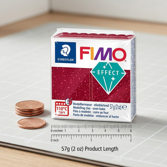 Size comparison visualization of a STAEDTLER Fimo Effect Galaxy Red 57g block on a crafting mat beside a standard penny.