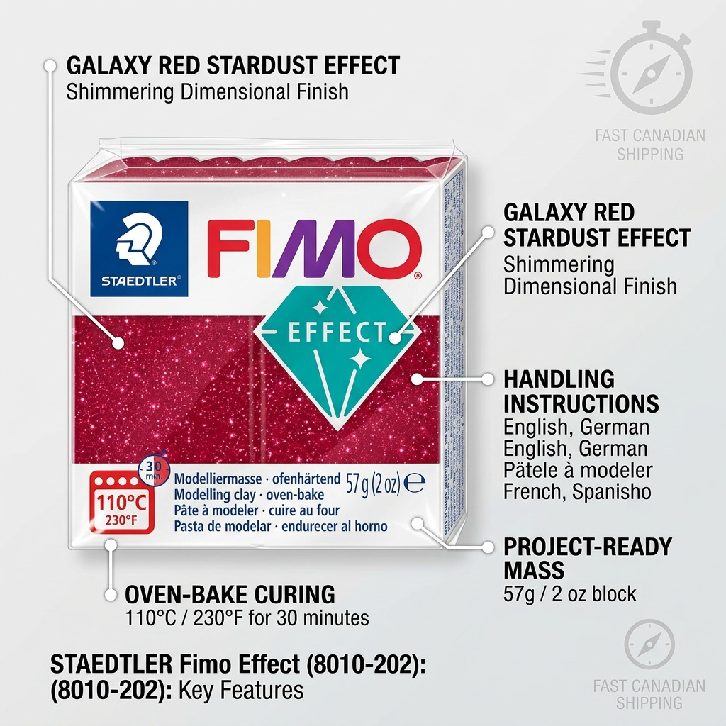 Operational feature callouts for Fimo Effect Galaxy Red modeling clay, highlighting temperature and uses.