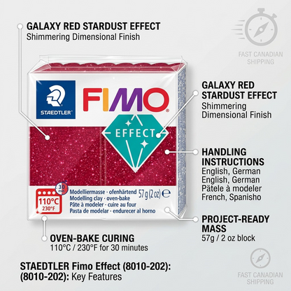 Operational feature callouts for Fimo Effect Galaxy Red modeling clay, highlighting temperature and uses.