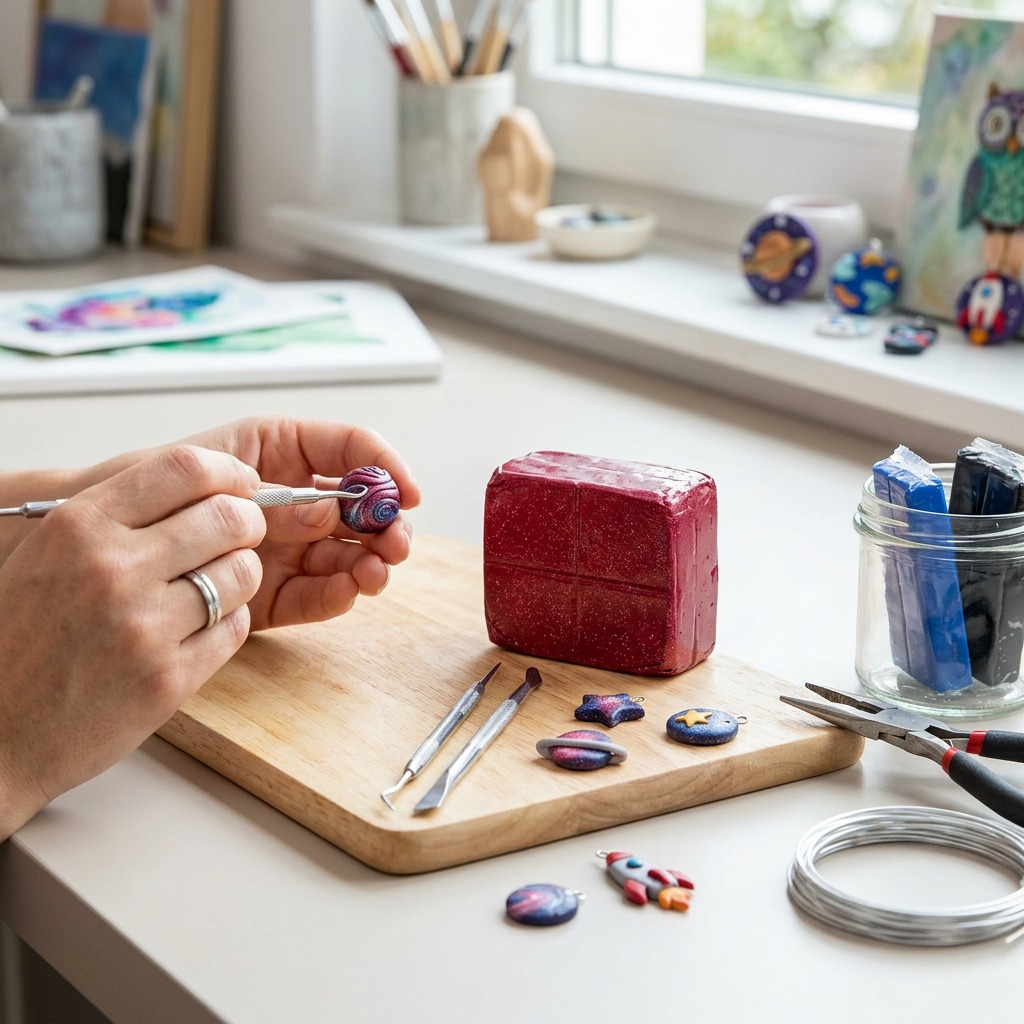 FIMO Effect Galaxy Red clay being sculpted on a wooden table, next to a finished galaxy-themed charm.