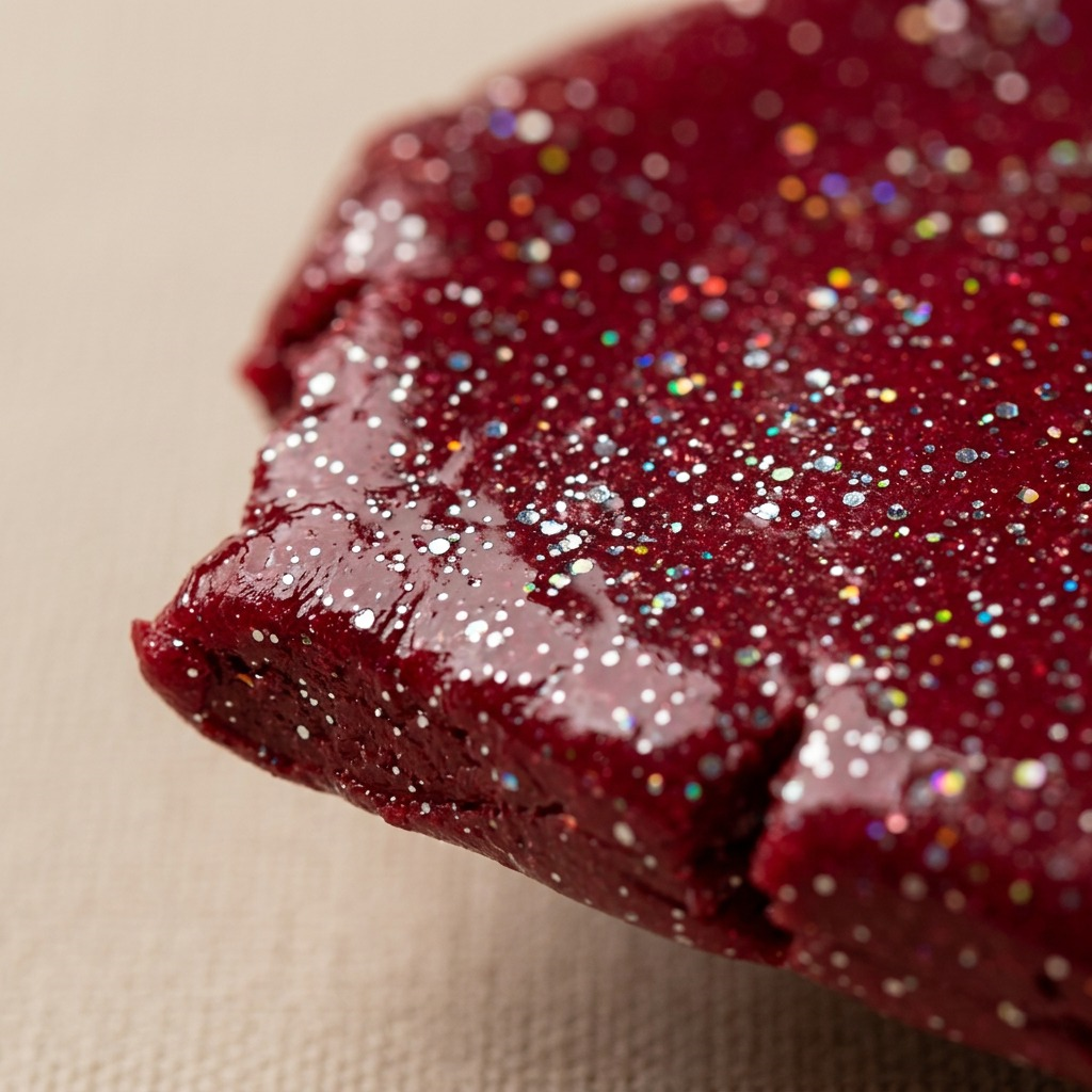 A macro photo capturing the deep red sparkling texture and high gloss FIMO clay with holographic glitter.
