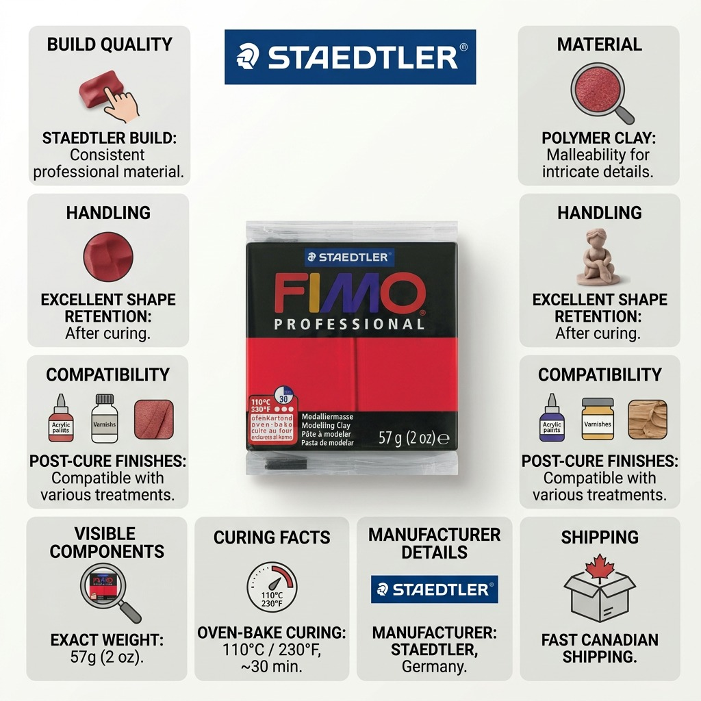 Infographic for STAEDTLER FIMO Professional red clay showcasing specifications, build, and shipping.