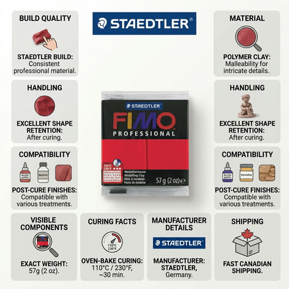 Infographic for STAEDTLER FIMO Professional red clay showcasing specifications, build, and shipping.