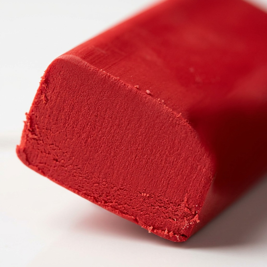 A macro photograph focuses on the edge of the unwrapped red modelling clay, showing a detailed cross-section of its smooth texture.
