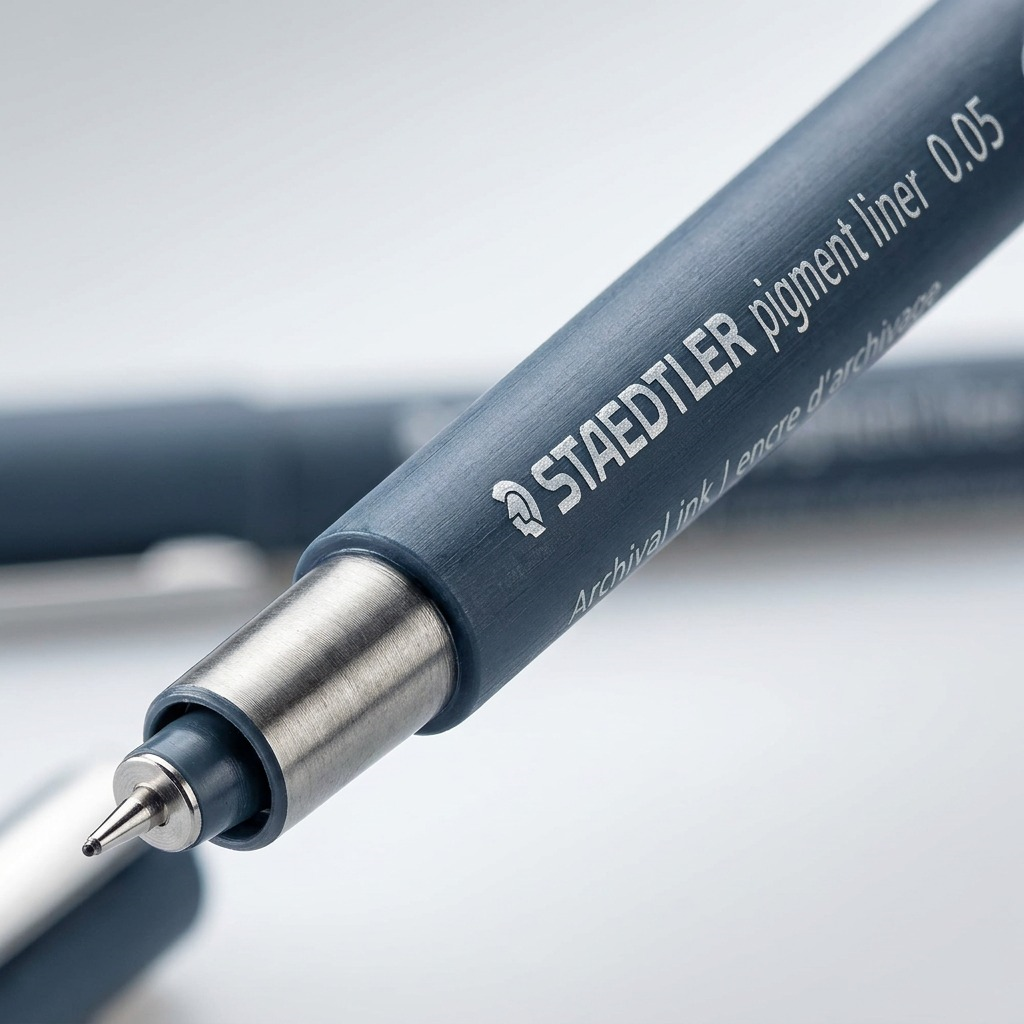 Macro photo detail of the fine-tip STAEDTLER Pigment Liner 0.05, text "pigment liner 0.05".