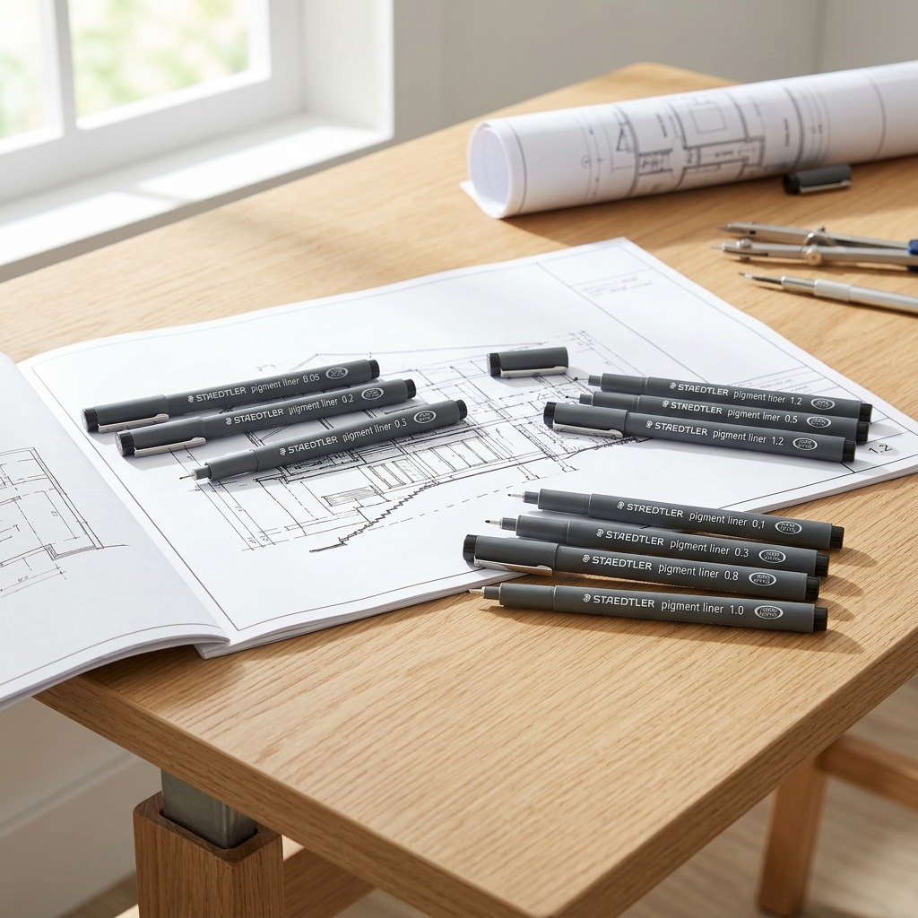 8 STAEDTLER Pigment Liners on an architectural sketch, showing various black line widths.