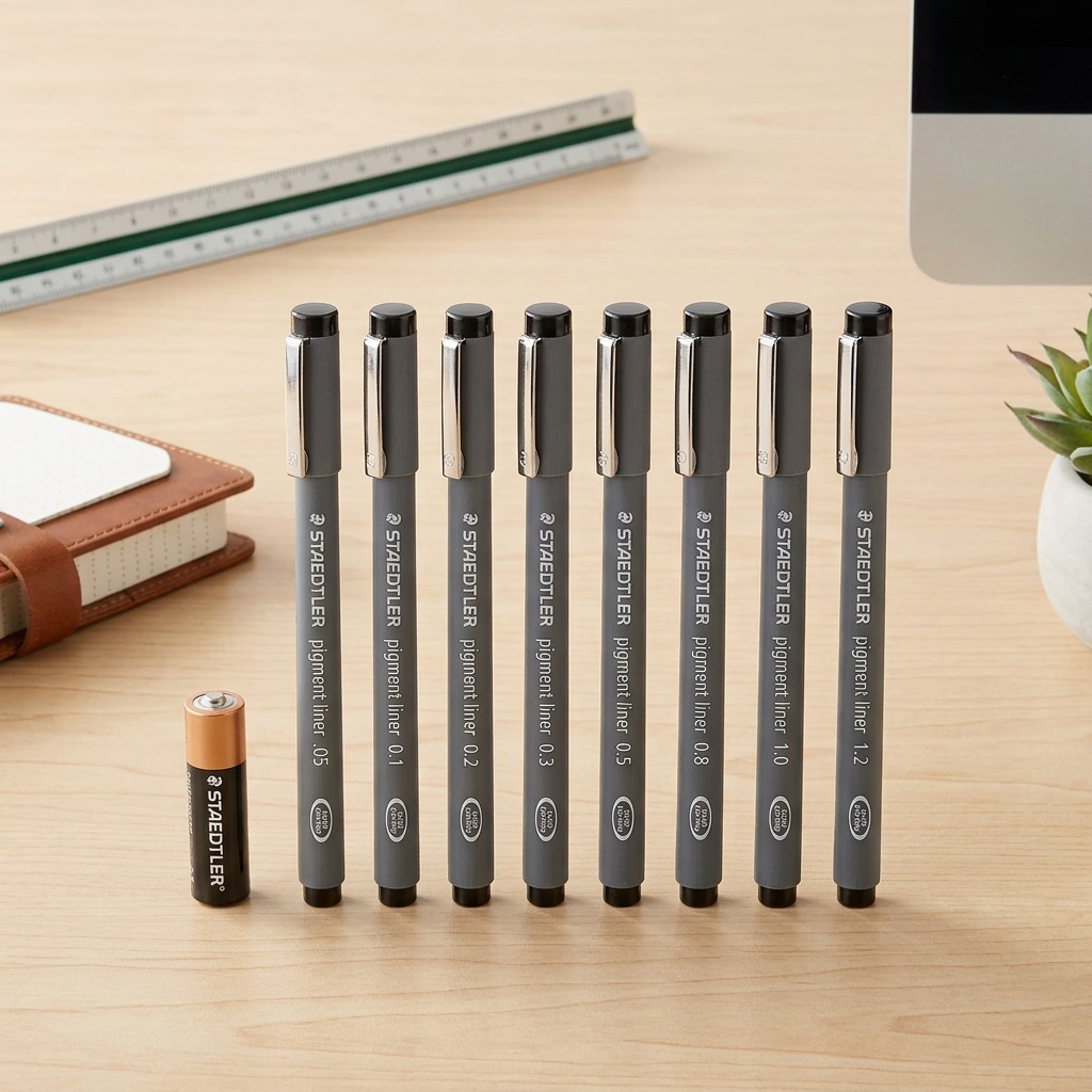 A realistic scale shot of the 8 Staedtler pigment liners from image_0.png, with no packaging, placed on a light wood desk next to a standard AA battery.