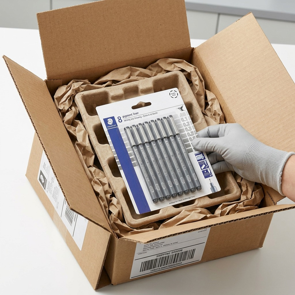 A photo-realistic scene shows the STAEDTLER Pigment Liner 8-count set (image_0.png) in its retail blister pack, securely nestled in crumpled kraft paper inside a small, sturdy shipping box, highlighting reliable protection. A shipping label is just partially visible on the exterior box flap, ensuring privacy.