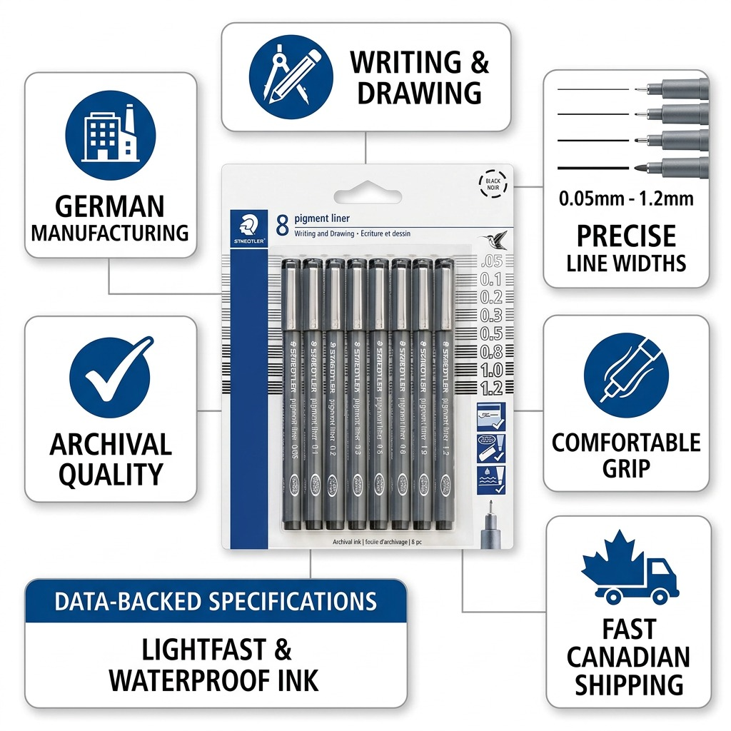 A PDP visual matrix infographic showcasing STAEDTLER Pigment Liners with factual trust cues and icons.