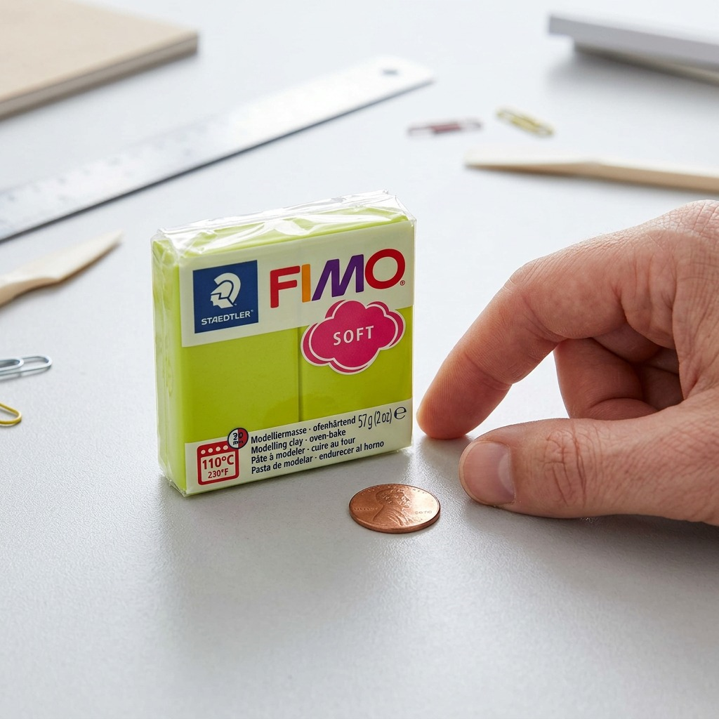 A photo-realistic scale comparison image, showing a single 57g FIMO Soft block with "Pistachio Nut" clay beside a universal US penny, emphasizing its compact 55mm cube size.