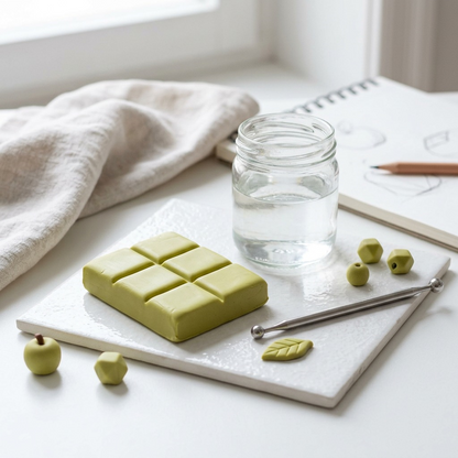 A photograph of unboxed Fimo Soft Pistachio Nut modeling clay on a workspace.