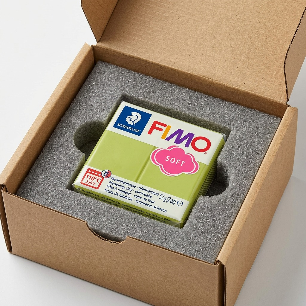 A pristine Fimo Soft clay puck cradled in custom foam within a sturdy shipping box for protection.