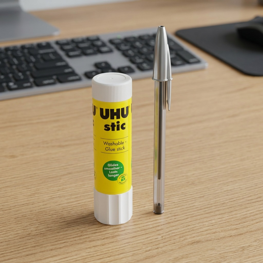 A scale reference image showing the specific UHU glue stick next to a standard pen on a desk.