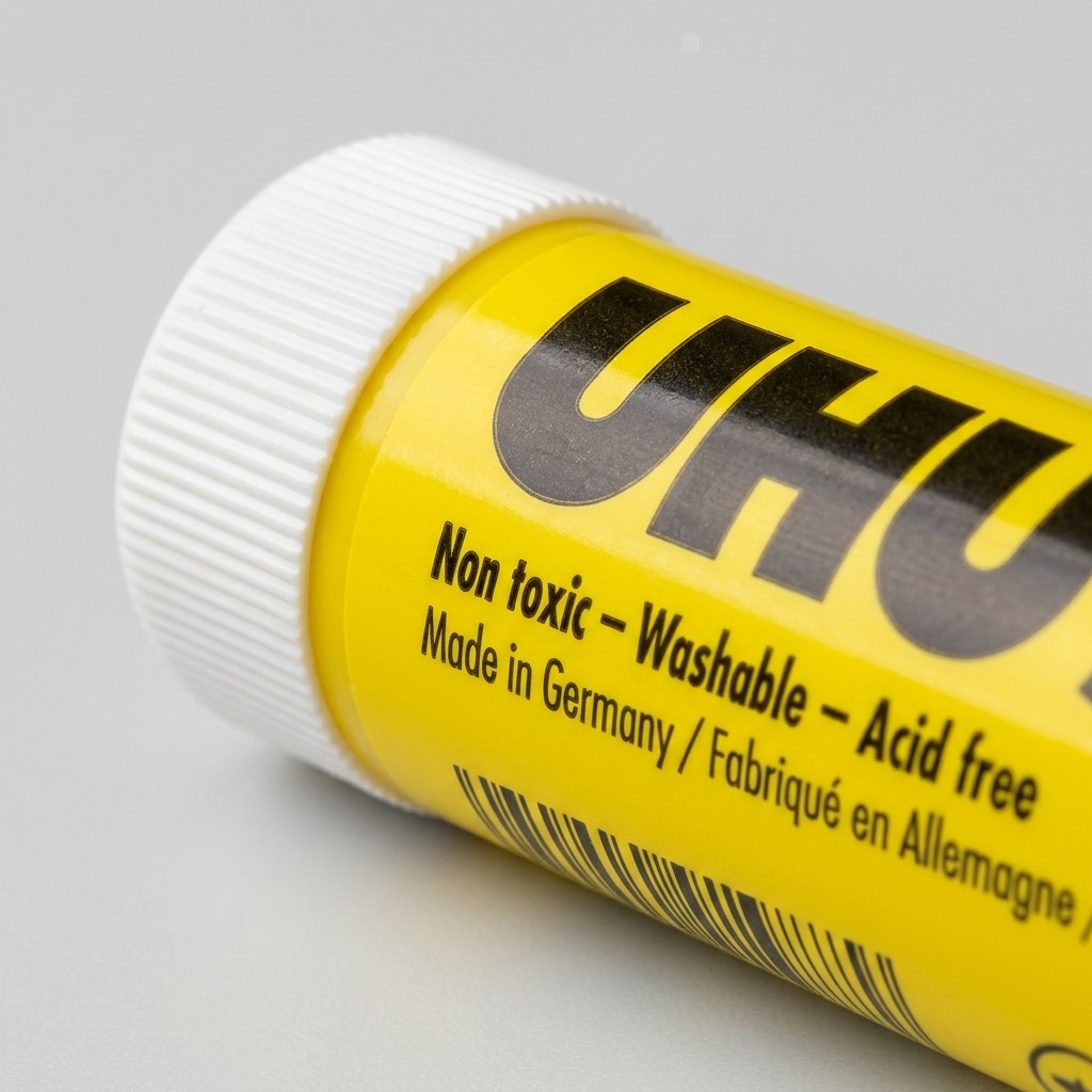 Extreme close-up of the textured UHU stic cap and fine yellow label print.