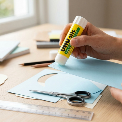 A close-up shot of a hand using the UHU Glue Stick on a crafting project.