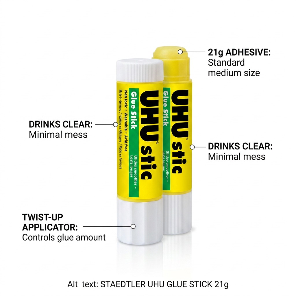 STAEDTLER UHU GLUE STICK 21g with functional callouts demonstrating twisting applicator and clear adhesive.