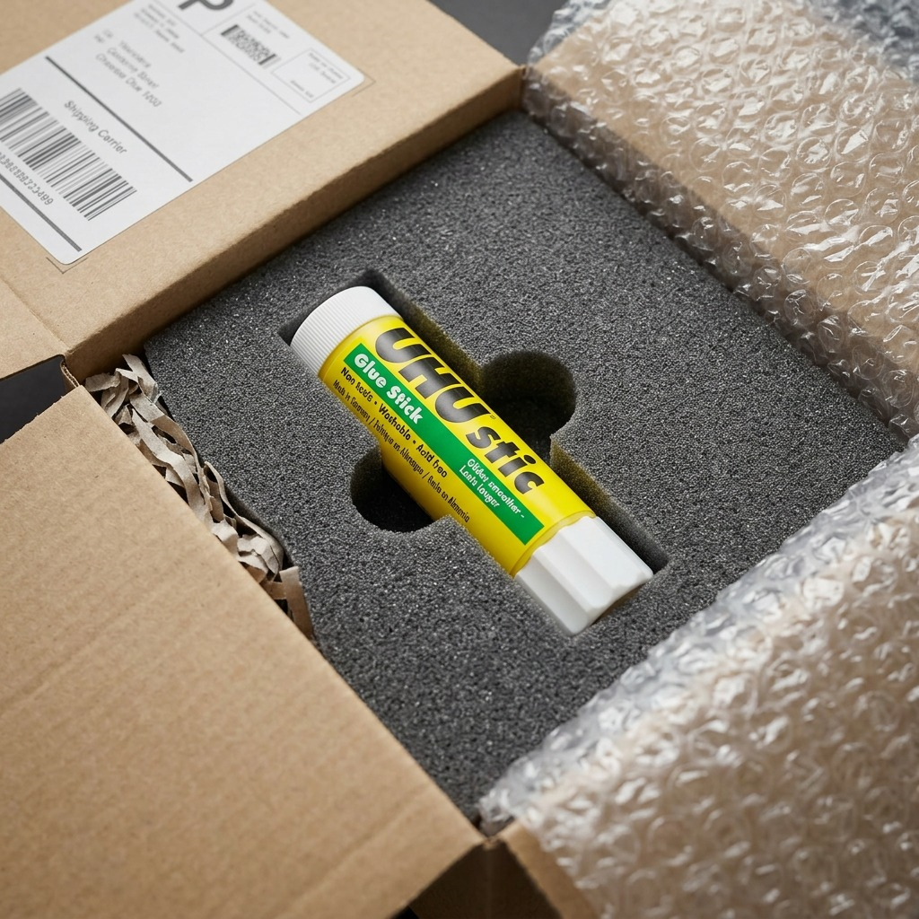 A close-up photograph of the UHU stic 21g glue stick in secure shipping foam.