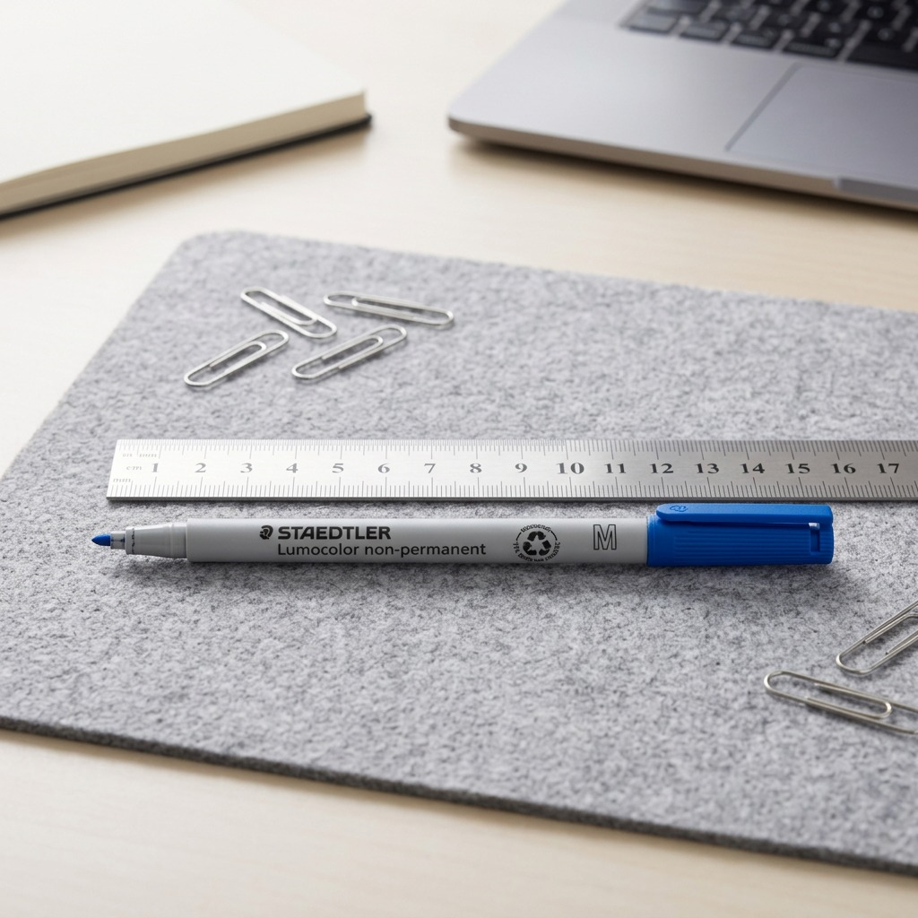 A photograph of the blue Staedtler non-permanent marker placed next to a ruler and other desk essentials, indicating its size.