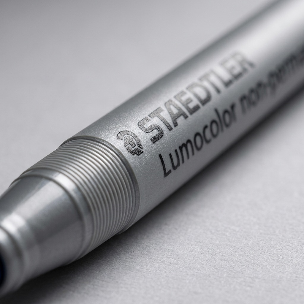 Macro close-up shot focusing on the fine-felt tip and detailed text printing on the Staedtler non-permanent blue marker.