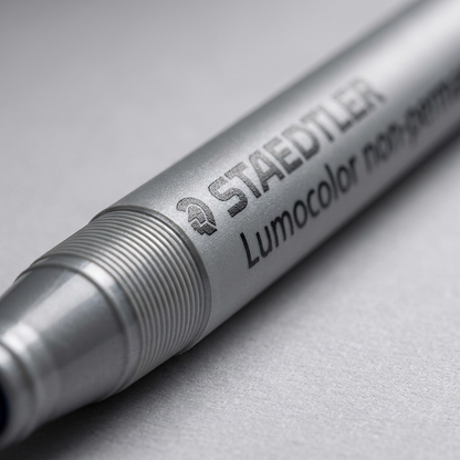 Macro close-up shot focusing on the fine-felt tip and detailed text printing on the Staedtler non-permanent blue marker.