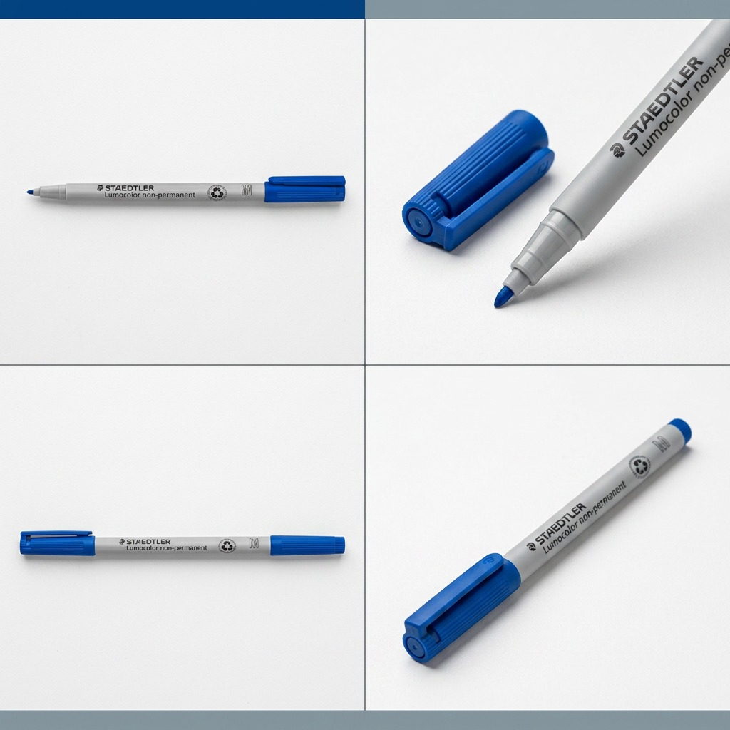 A four-panel grid matrix showing the blue STAEDTLER 315-3 marker from four useful angles, with a cap, ready to write, and capped.