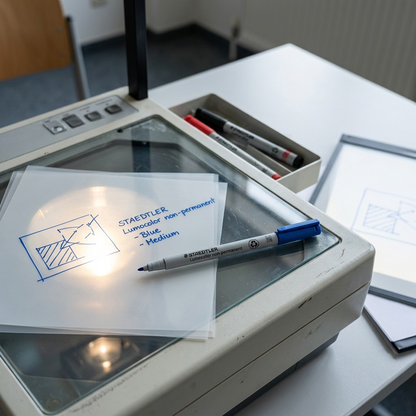 A lifestyle image featuring a STAEDTLER Lumocolor non-permanent blue marker on an overhead projector surface.
