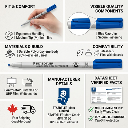 A clean product visual matrix infographic detailing features of the blue STAEDTLER non-permanent marker.