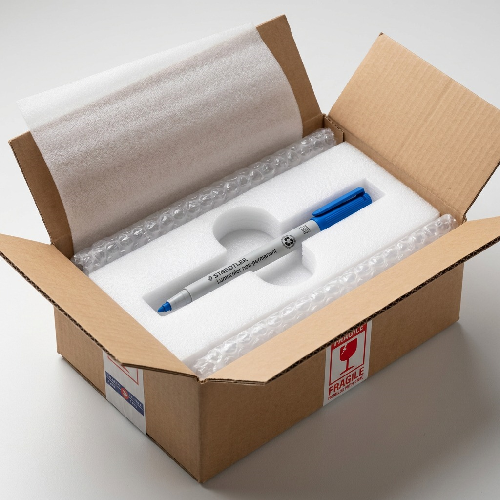 A single blue Staedtler 315-3 non-permanent marker is unboxed from a well-padded cardboard shipping box.