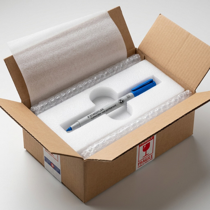 A single blue Staedtler 315-3 non-permanent marker is unboxed from a well-padded cardboard shipping box.