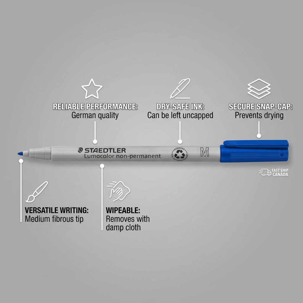 STAEDTLER Lumocolor M non-permanent pen shown with lines and icons detailing key product feature callouts.