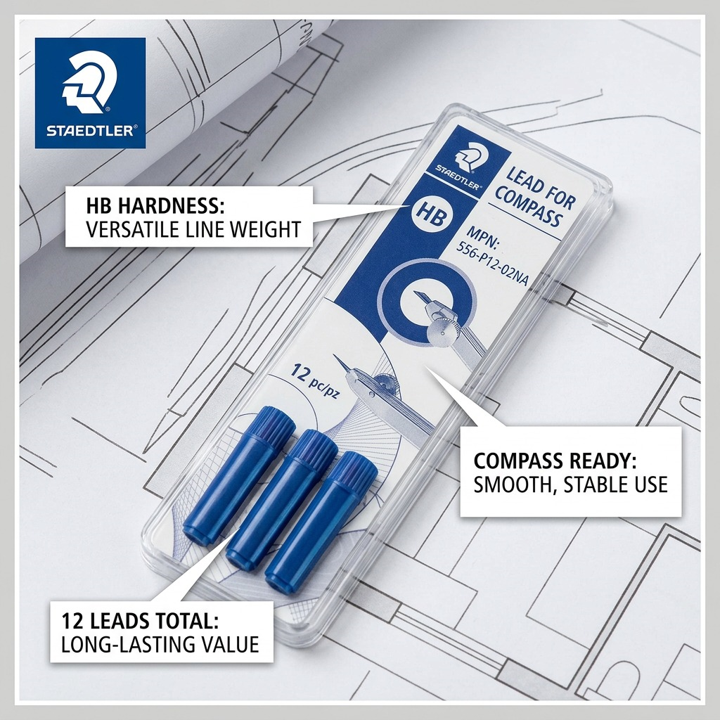 Ecommerce feature graphic with minimal pointers, translating key STAEDTLER compass lead specs into benefits (HB versatile line, 12 leads total), against a conceptual blueprint background.